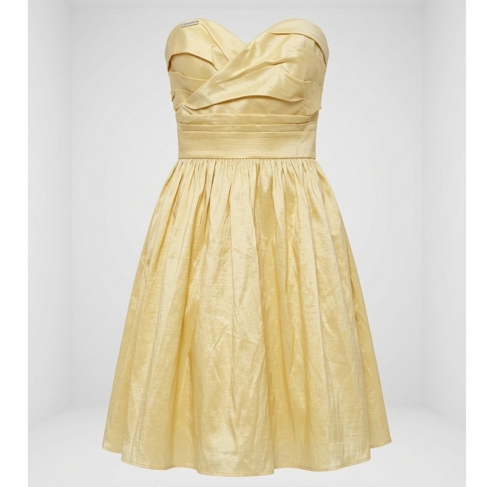 Calvin Klein Yellow Metallic Shimmer Strapless Ruched Cocktail Dress Size 8